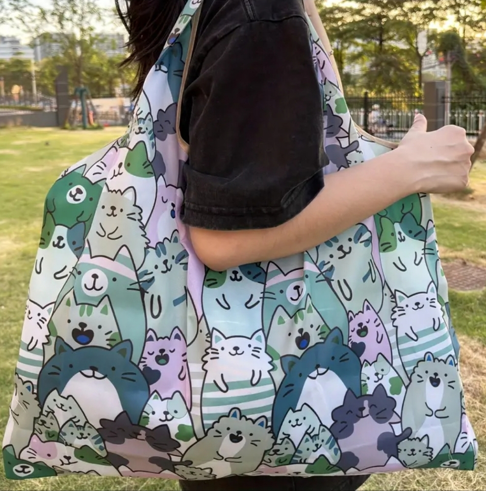 NEW Cat / Kitten print foldable reusable shopping tote bag
